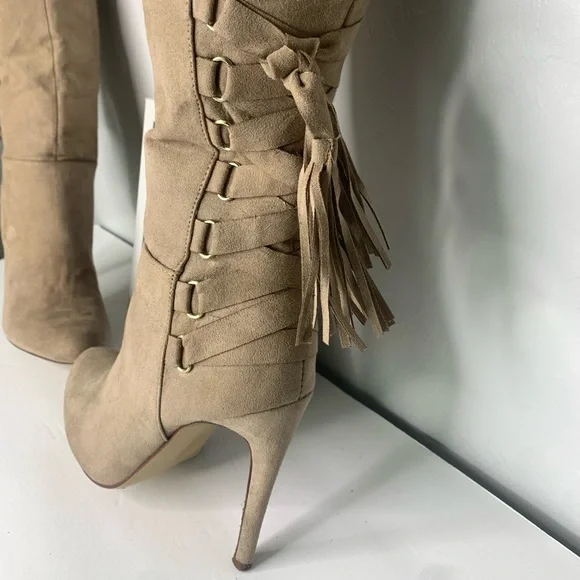 ShoeDazzle Tan Faux Suede Thigh High Stiletto Boots Tassel Lace Up 7.5 - Picture 2 of 11